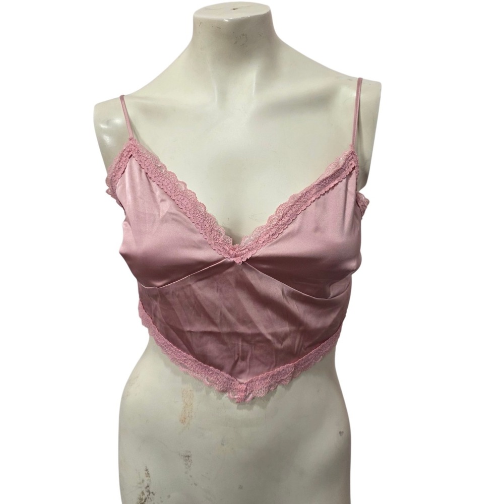 Love Tree Satin Lace Trim Crop Cami Top Pink Smocked Back Coquette Y2K Womens L